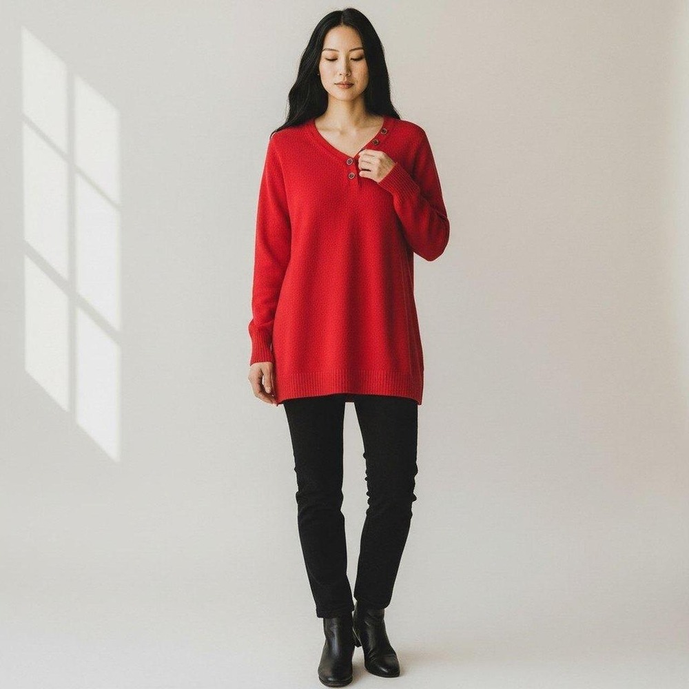 Anthropologie Henley Tunic Sweater Large Red V-Neck Button Side Slit Knit